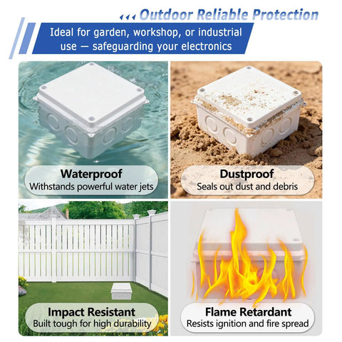 White Outdoor Junction Box IP65 Waterproof Electrical Enclosure Built Tough From Durable ABS For All Weather Rain Dust Protection 3.9 x 3.9 x 2.8 Inch Project Box Pack Of 100 showing waterproof, dustproof, impact resistant, and flame retardant use