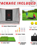 Heavy Duty 10x7 Foot Golf Practice Net with dual turf mat, noise reduced target cloth, golf balls, tees, stakes, and carry bag