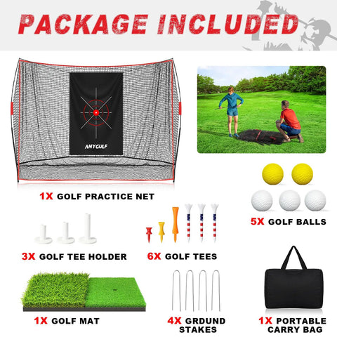 Heavy Duty 10x7 Foot Golf Practice Net with dual turf mat, noise reduced target cloth, golf balls, tees, stakes, and carry bag