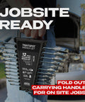 24 Piece Inch And Metric Ratcheting Wrench Set With Quick Access Organizer held next to an open car hood, ready for site work.