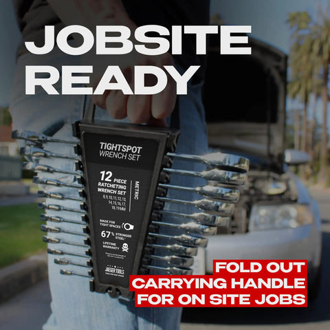24 Piece Inch And Metric Ratcheting Wrench Set With Quick Access Organizer held next to an open car hood, ready for site work.