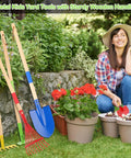 Woman gardening with 8 Piece Kids Garden Tool Set with Real Wood Handles and Steel Heads, featuring shovel, rake, spade, and hoe.