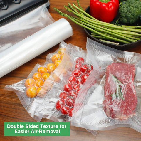 Bang For Your Buck Vacuum Sealer Bags Rolls 4 Pack 11 Inch By 25 Feet Compatible With FoodSaver in use with food items.