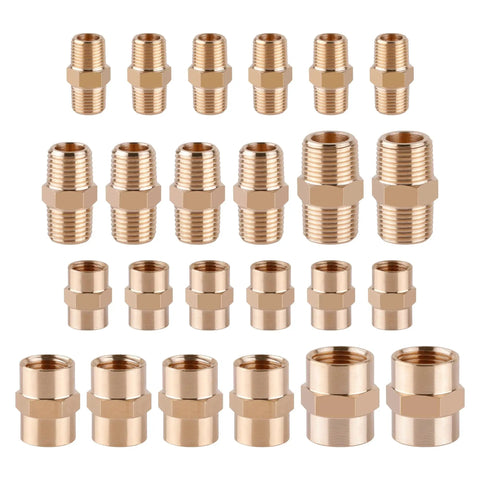 Brass Pipe Fittings Kit 24 Pcs Hex Nipple And Hex Coupling Set 1/8 To 1/8 NPT, 1/4 To 1/4 NPT, 3/8 To 3/8 NPT Male To Male And Female To Female Adapters With Teflon Tape