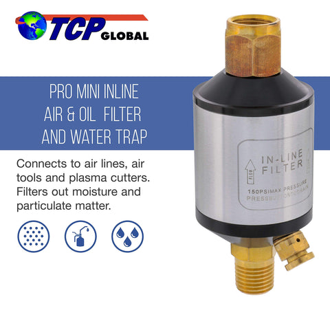 Mini Inline Air Filter And Oil And Water Separator For Compressor Lines, Aluminum Body With Drain Valve And Water Trap
