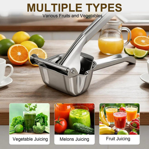Heavy Duty Manual Citrus Juicer Press In 304 Stainless Steel Effortless Hand Squeezer For Oranges Lemons Grit on wooden table