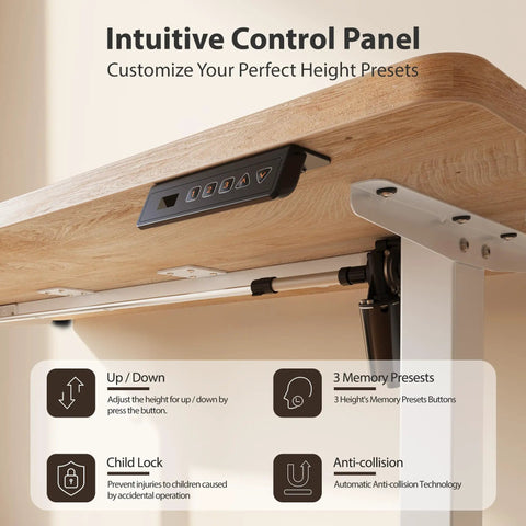 Electric Height Adjustable Standing Desk 48x24 Inches With White Frame And Maple Top, control panel close-up