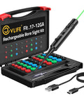 Rechargeable Bore Sight Laser Kit with 64 adapters visible in open black case, showcasing green laser and USB cable