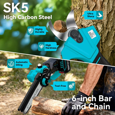 Four In One Pole Saw And Electric Pruning Shears For Tree Trimming With A Six Inch Mini Chainsaw Cordless Pruning Tool displayed.