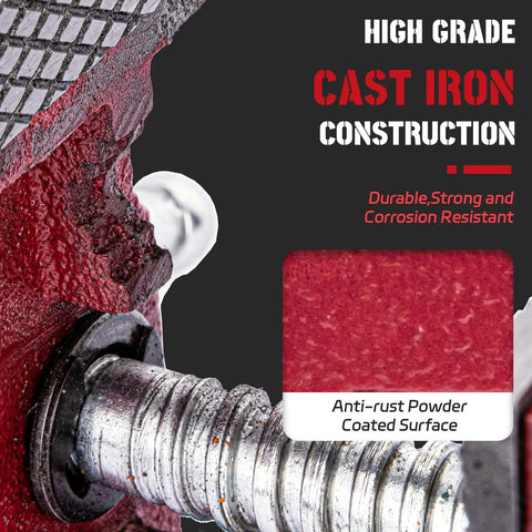 Heavy Duty Bench Vise Featuring A 4.5 Inch Jaw Width And 3 Inch Opening, close-up of cast iron construction and anti-rust coating.