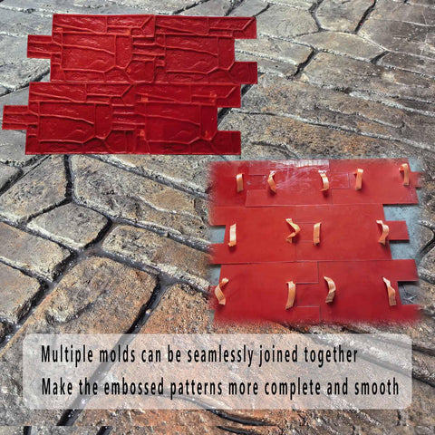 Pro Grade Concrete Stamp Molds Set For Outdoor Projects With Realistic Cobblestone, Brick, And Wood Grain Textures shown on stone surface