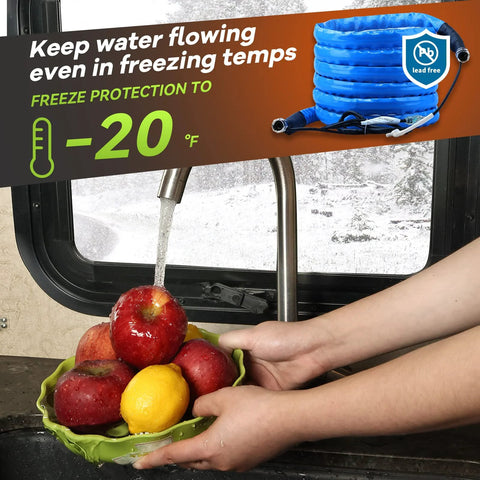 Blue RVMATE heated RV water hose, 35 ft, with -20°F freeze protection and connectors
