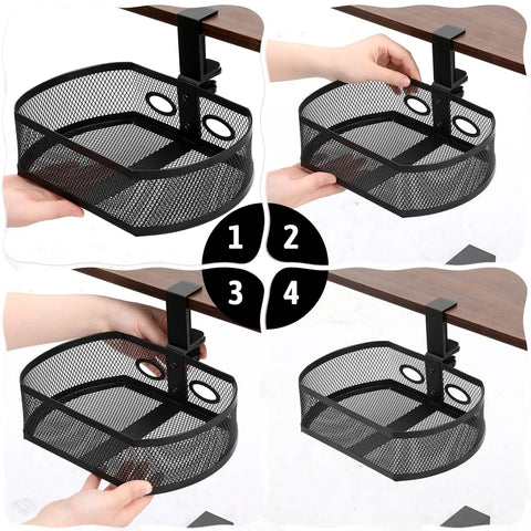 Under Desk Storage Drawer Organizer With Clamp On Mount 360 Degree Rotating Hanging Tray Basket for Home Office, steel mesh