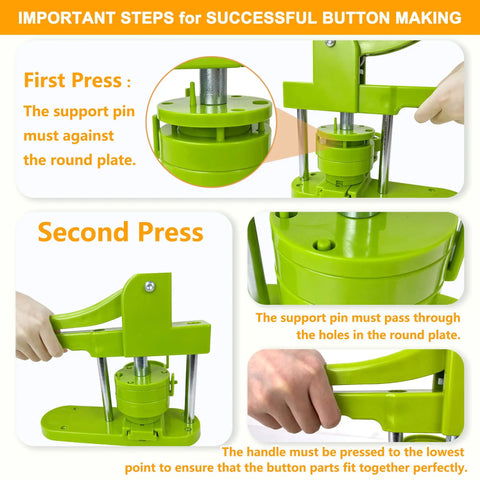 Ultimate Button Maker Machine Kit With Adjustable 2 Inch And 1.25 Inch Dies For Dope DIY Crafts showing pressing steps.
