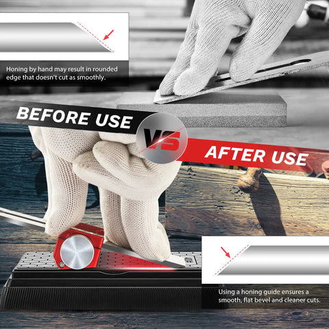 Upgraded Honing Guide Tool for Short Chisels and Planes, Off Center Sharpening Holder With Adjustable Angles From 0.2 to 2.55 Inches with metal roller in use on wood
