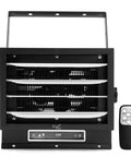 Top Shelf 7500 Watt Hardwired Garage Heater With Smart Remote And Smooth Vertical Horizontal Airflow Matte Black Finish front view with controls and remote