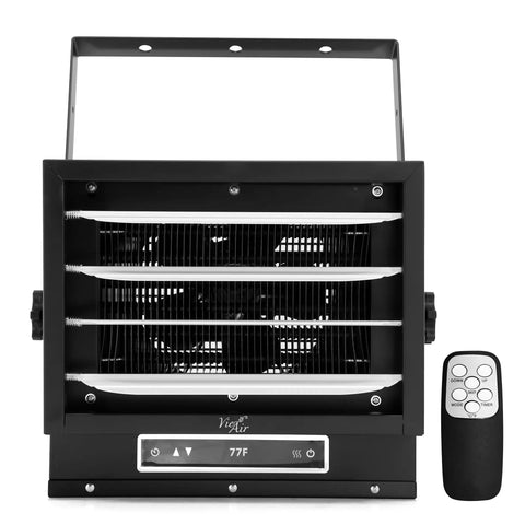 Top Shelf 7500 Watt Hardwired Garage Heater With Smart Remote And Smooth Vertical Horizontal Airflow Matte Black Finish front view with controls and remote
