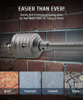 Side view of ZELCAN 4-piece hole saw kit on an SDS hammer drill with 30/50/65mm bits; brick wall and concrete/stone tiles