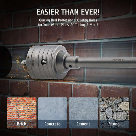 Side view of ZELCAN 4-piece hole saw kit on an SDS hammer drill with 30/50/65mm bits; brick wall and concrete/stone tiles