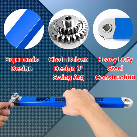 Offset Extension Wrench Set With Chain Driven Ratchet, 15.4 Inch Reach, Impact Ready Tool, Includes 1/4, 3/8, And 1/2 Inch Adapters, High Torque Up To 75 Nm, Built From Heavy-Duty Alloy Steel For Tough Car Repair And Engine Work. Blue alloy steel offset wrench shown with chain drive design and slim head