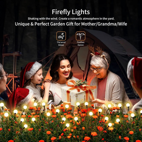 Family gathering with 80 LED Solar Outdoor Lights 10 Pack Waterproof Garden Decor For Patio Lawn Firefly Style Warm White Glow Easy Install