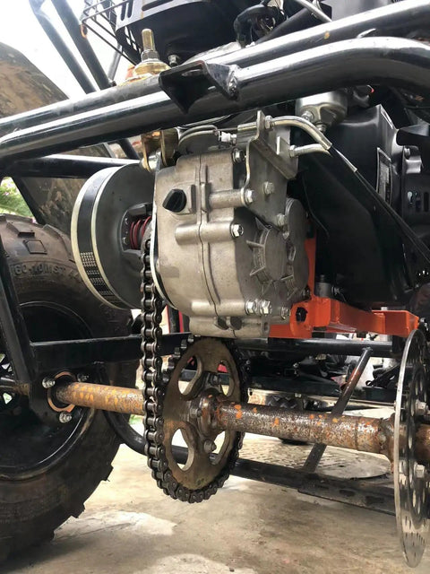 Side view of Forward Reverse Gearbox Kit for Go Karts with 11 to 18 HP engines, showing 12-tooth 530 pitch sprocket and installation.