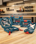 Open cases displaying a 34 Piece Drilling And Driving Mixed Set With Included Case For Wood Metal And Masonry Projects Featuring Driver Bits And Drill Bits Plus Essential Accessories For Home Do It Yourself And Pro Grade Workshop Use on a workbench
