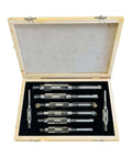 Front view of Rahish Tools adjustable hand reamer set (H4–H11, 15/32"–1-1/16") in wooden case with metal blades.