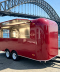 Ready To Roll 16 Foot Red Stainless Steel Food Trailer With Dot Certified Mobile Kitchen Setup For Hustling Entrepreneurs And Laid Back Roadside Success featuring open serving window.