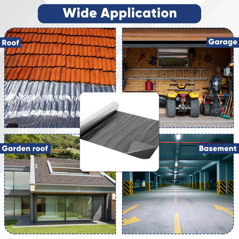 Wide application of Top Shelf Self Adhesive Roofing Felt Repair Tape on roofs, garages, gardens, and basements for leaks.