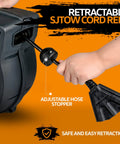 Retractable Extension Cord Reel With 50 Ft 16 AWG SJTOW Cable, showing adjustable hose stopper and hand for operation.
