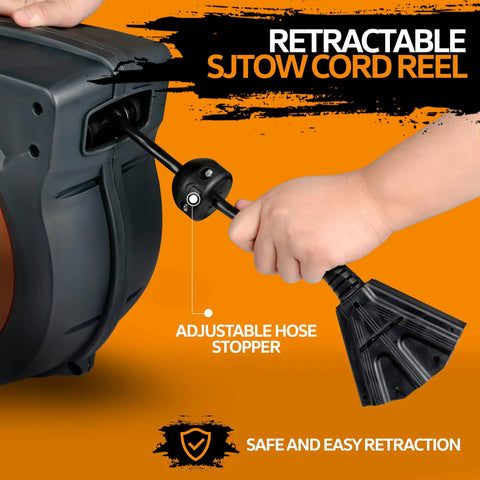 Retractable Extension Cord Reel With 50 Ft 16 AWG SJTOW Cable, showing adjustable hose stopper and hand for operation.