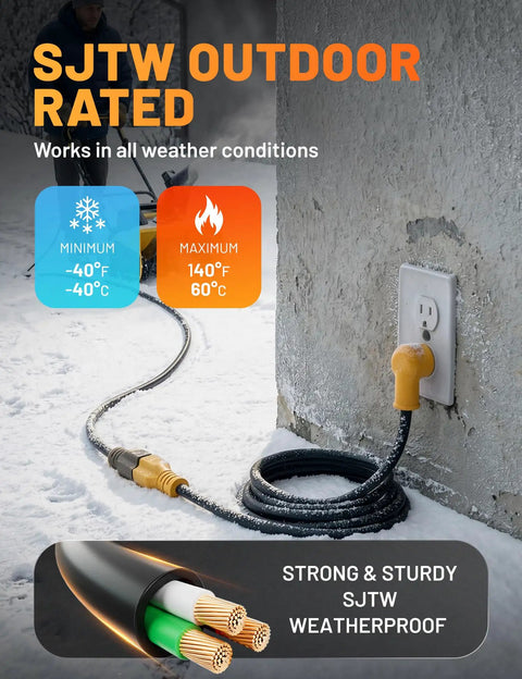 Heavy Duty 12 Awg Flat Extension Cord 10 Ft Outdoor Sjtw Power Adapter with weather-resistant features visible in snowy condition.