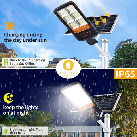 1200W Solar Street Light Outdoor Led Flood Light 30000 Lumens Beast Mode Bright Daylight With Remote Control Dusk To Dawn Security Floodlight charging during the day and illuminated at night over a yard