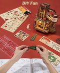 Hands assembling 3D Wooden Puzzle Kit For Adults Gift Factory Mechanical Model with visible plywood sheets and small parts.
