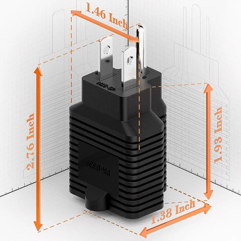All In One NEMA Power Adapter Plug And Play Converts 125V 15A Household To 250V 20A NEMA T Blade For EV Charging, dimensions shown