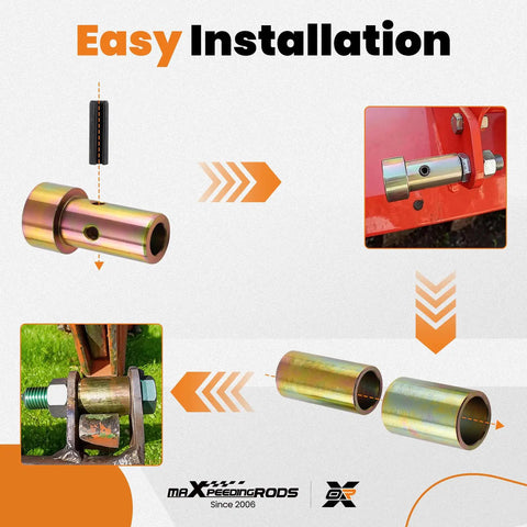 Heavy Duty Quick Hitch Adapter Bushing Kit For Category 1 Tractors With Top Link Pin And Lynch Pin shown in installation steps