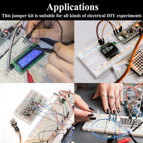 Hands using 560 Piece Breadboard Jumper Wire Kit With PCB Circuit Board Assortment 14 Lengths Wires Includes Tweezers And Transparent Storage Box For Do It Yourself DIY Electronics Projects Dope Kit in various electrical experiments
