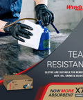 Person using PowerClean X70 Medium Duty Cloths For Industrial Cleaning on oil can, absorbent white towels on desk