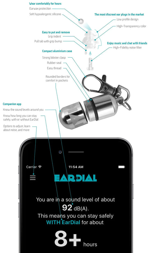 HiFi Earplugs For Concerts And Festivals That Hide In Your Ears While Delivering High Fidelity Noise Reduction, shown with app and case