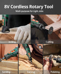 Beast Cordless Rotary Tool Kit With 8V 2.0Ah Rechargeable Battery showing drilling, cutting, sanding, carving, and polishing