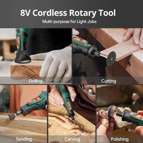 Beast Cordless Rotary Tool Kit With 8V 2.0Ah Rechargeable Battery showing drilling, cutting, sanding, carving, and polishing