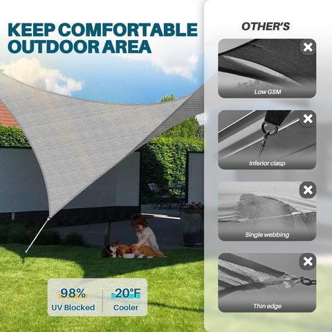 12x14 Foot Sun Shade Sail Outdoor Canopy Rectangle Heavy Duty Shade Cloth For Backyard Yard Deck Patio Garden Light Grey Breathable HDPE Not Waterproof installed over grass with child and dog underneath.