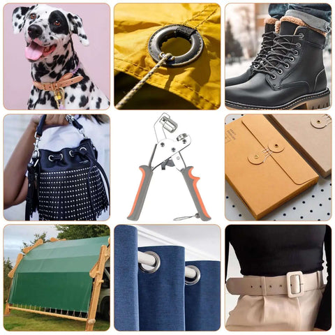 Heavy Duty Grommet Tool Kit With 6mm, 10mm And 12mm Hole Punch, 600 Metal Grommets And Eyelets, Pliers And Dies Included For Canvas Tarp Leather Curtains And DIY Repair, shown with various applications