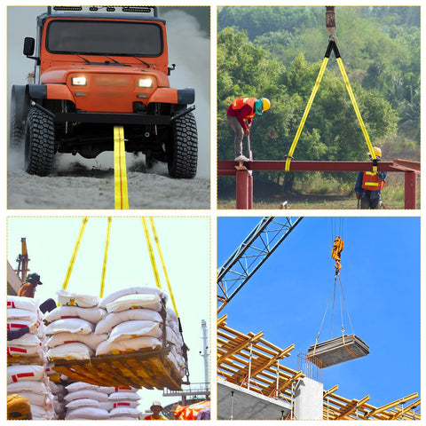 Two Pack Beefy 10 Ft Nylon Lifting Slings 1 Inch Wide Heavy Duty Web Straps With Flat Eye Ends in various construction applications.