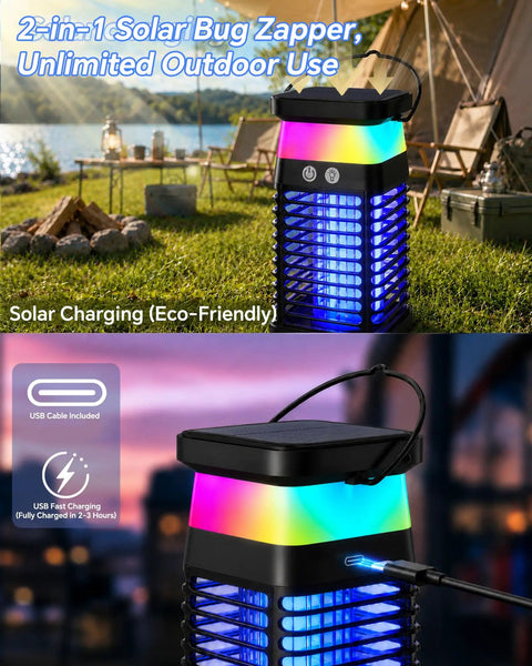 Solar Powered 3 In 1 Mosquito Zapper With Flickering Flame And RGB Light Totally Cordless Waterproof Bug Repellent with USB cable