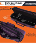 Rugged Slick Flute Case Cover For Large Molded Instruments Built Different With Heavy Duty 600D Nylon Purple Exterior showing storage dimensions.
