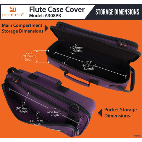 Rugged Slick Flute Case Cover For Large Molded Instruments Built Different With Heavy Duty 600D Nylon Purple Exterior showing storage dimensions.