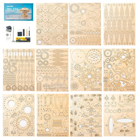 3D Wooden Puzzle Kit for Adults With SkyCity Cityscape, 600 Plus Pieces, Mind Blowing Mechanical DIY Craft That Doubles as a Music Box, Perfect STEM Toy Gift for Puzzle Fans and All Occasions, parts layout