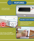 Kid Safe Power Strip Cover With Dual Lock And Side Openings For Cords, Large 13.3 Inch Box features diagram showing dual lock system.